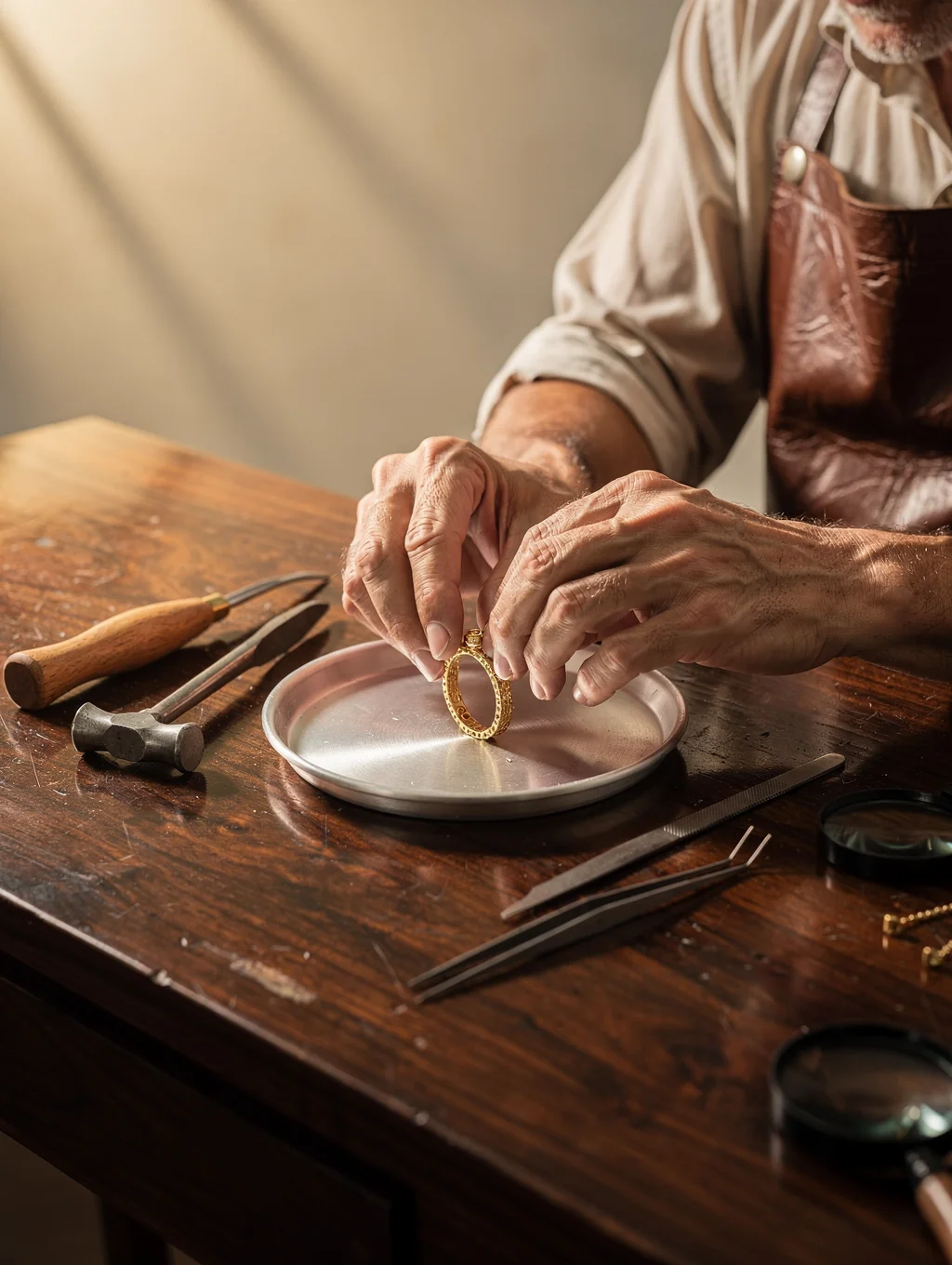 Master jeweler hand-forging 18k gold at the atelier bench
