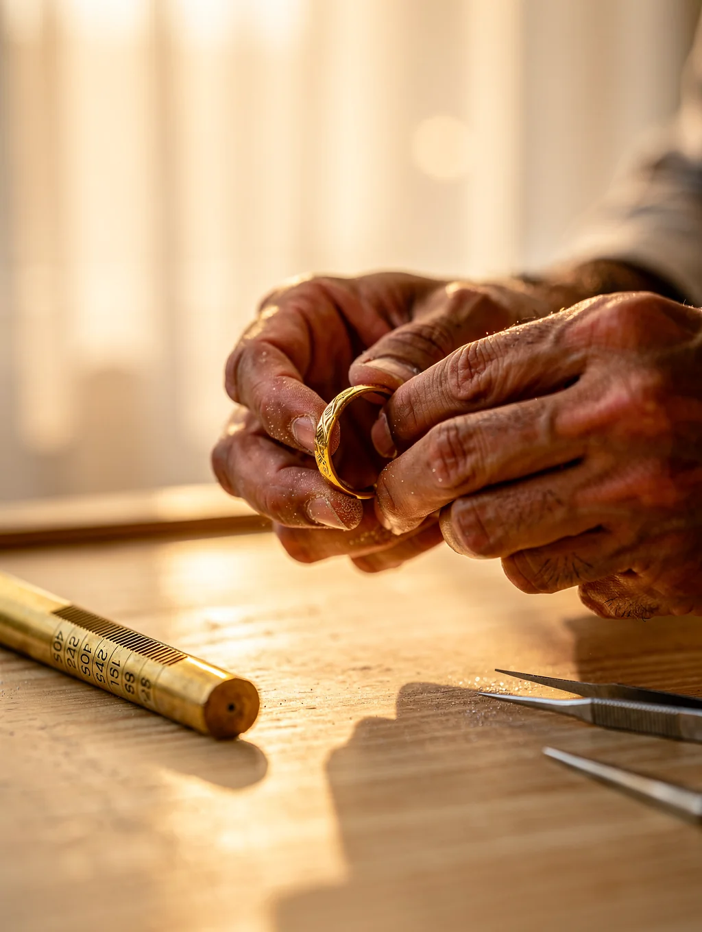 Hand-forged 18k gold ring on a jeweler's workbench